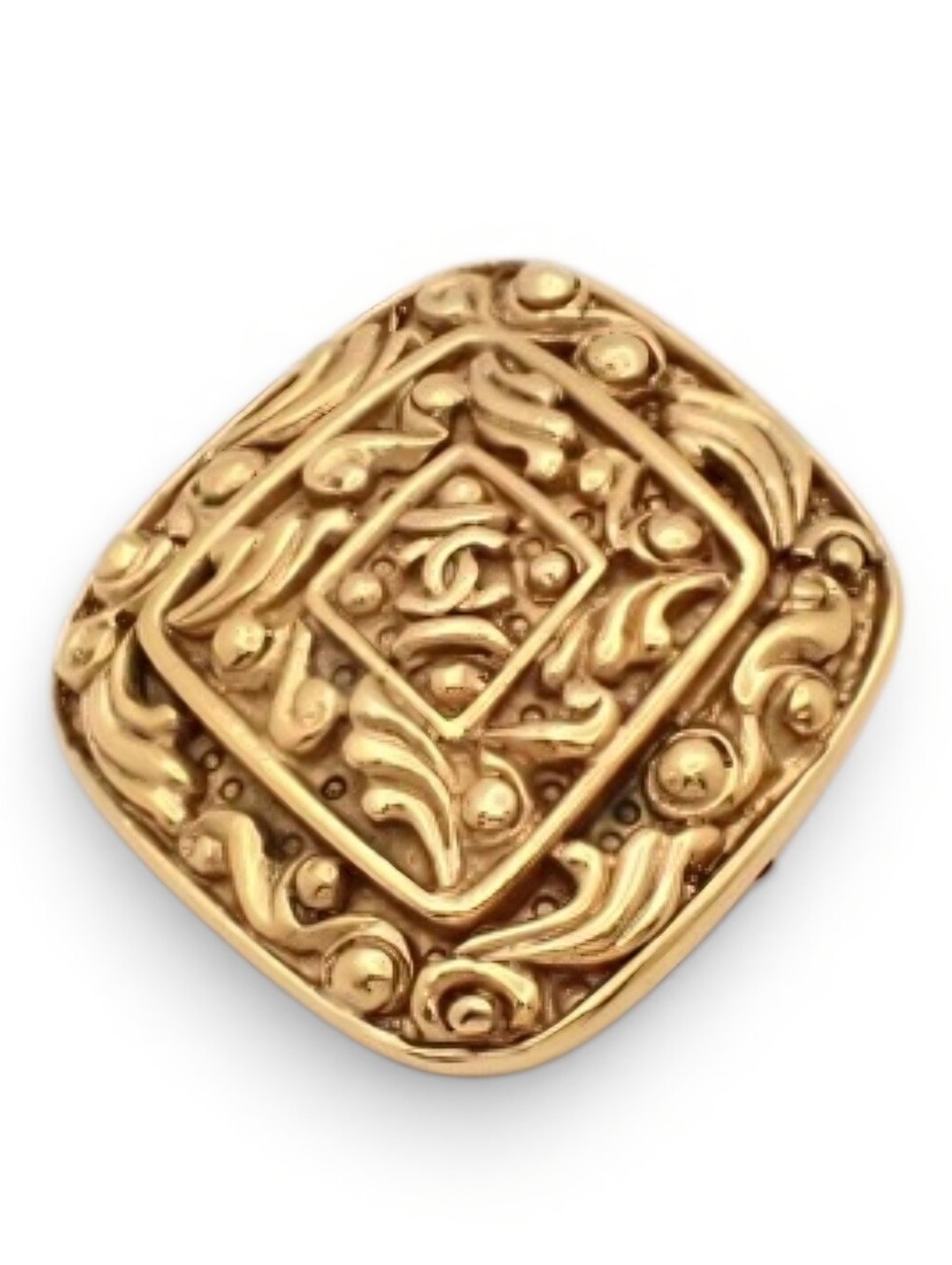 CHANEL Gold Plated Brooch Ornate Square with CC Motif Vintage Jewelry